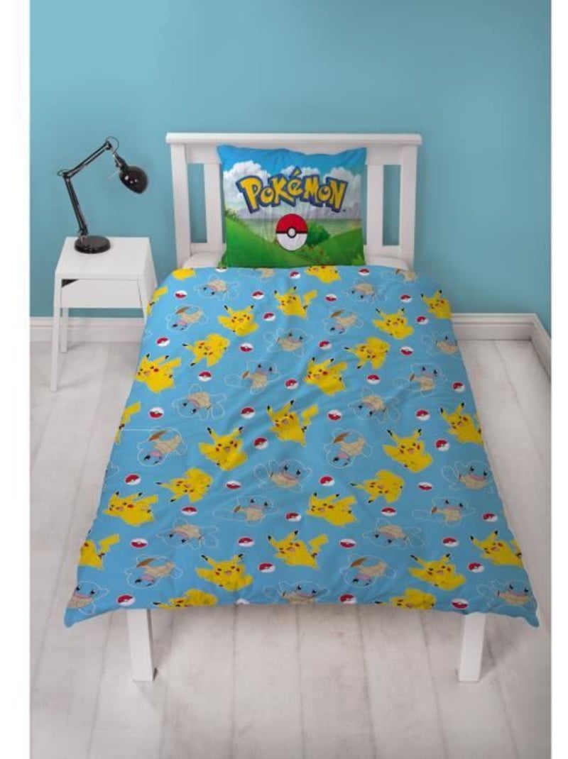Juego de sabanas Infantil Pok?mon, Microfibra Oeko-Tex, Estampado Reversible, Cama 1 plaza, PIKACHU Azul - Kiabi
