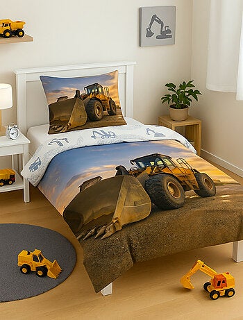 Juego de sábanas infantil Retroexcavadora, 100% algodón Oeko?Tex, reversible, cama 1 plaza, OBRAS