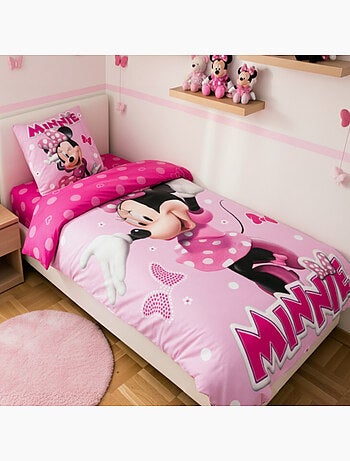 Juego de sabanas Minnie Disney Infantil, 100% algodón Oeko-Tex, reversible, cama 1 plaza, ROSA