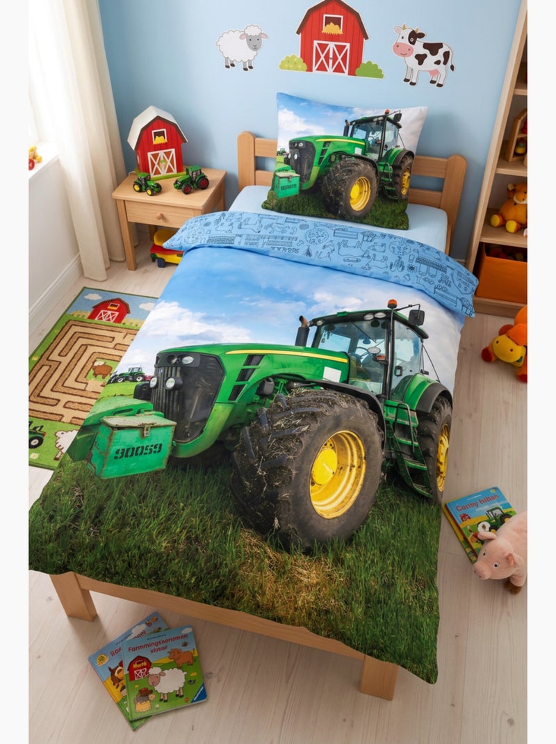 Juego de sábanas Tractor Verde Infantil, 100% algodón Oeko?Tex, cama 1 plaza, CAMPO Azul - Kiabi