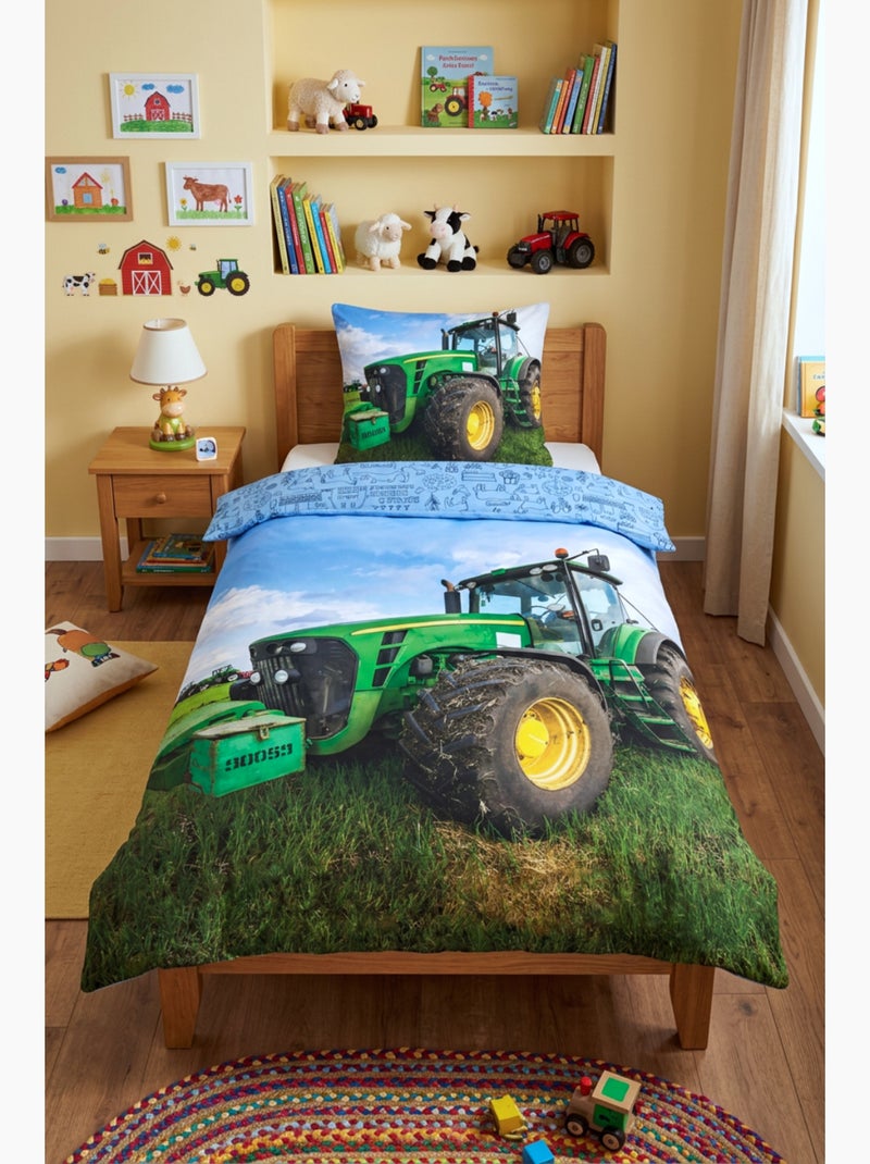 Juego de sábanas Tractor Verde Infantil, 100% algodón Oeko?Tex, cama 1 plaza, CAMPO Azul - Kiabi