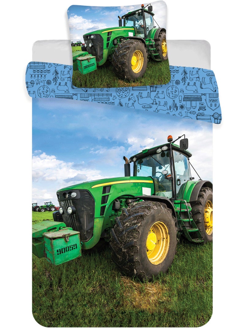 Juego de sábanas Tractor Verde Infantil, 100% algodón Oeko?Tex, cama 1 plaza, CAMPO Azul - Kiabi