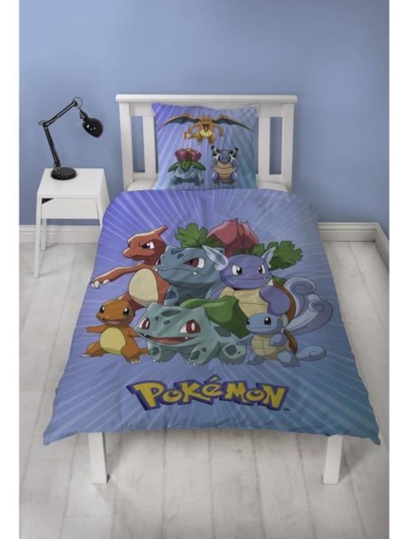 Juego de s?banas infantil Pok?mon, microfibra Oeko-Tex, reversible, para cama de 1 plaza, STARTER Azul - Kiabi