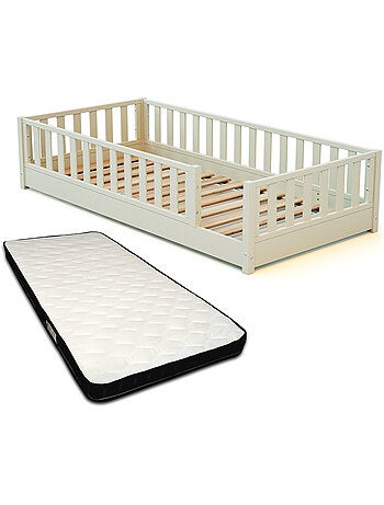 JURABABY - Cama infantil a ras de suelo de madera SONHO con colchón - 90x190 - Verde salvia