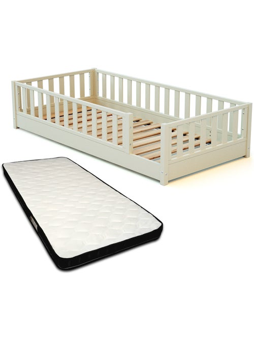 JURABABY - Cama infantil a ras de suelo de madera SONHO con colchón - 90x190 - Blanco perla - Kiabi