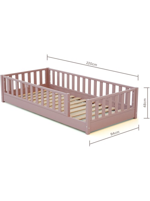 JURABABY - Cama infantil a ras de suelo de madera SONHO con colchón - 90x190 - Rosa empolvado - Kiabi