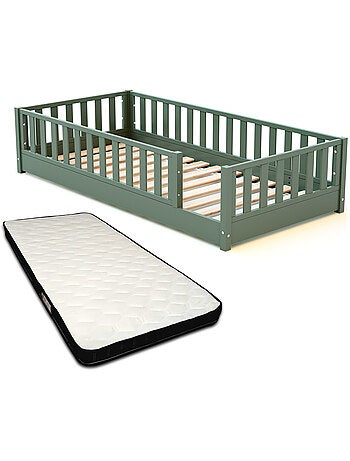 JURABABY - Cama infantil a ras de suelo de madera SONHO con colchón - 90x190 - Verde salvia