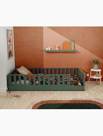 JURABABY - Cama infantil a ras de suelo de madera SONHO con colchón - 90x190 - Verde salvia