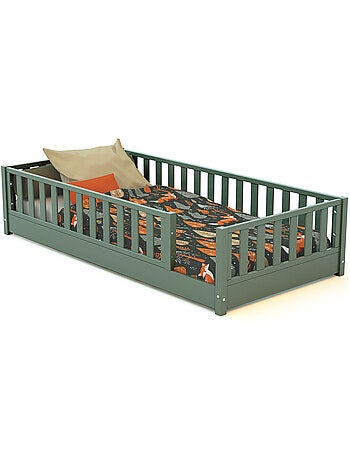 JURABABY - Cama infantil a ras de suelo de madera SONHO con colchón - 90x190 - Verde salvia
