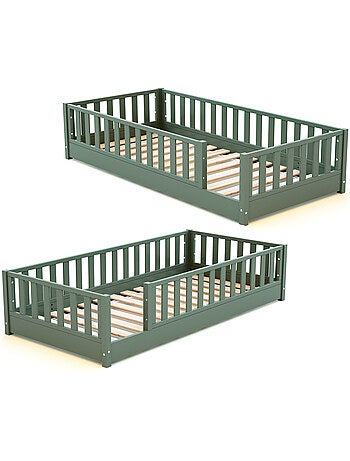 JURABABY - Cama infantil a ras de suelo de madera SONHO con colchón - 90x190 - Verde salvia