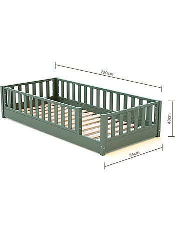 JURABABY - Cama infantil a ras de suelo de madera SONHO con colchón - 90x190 - Verde salvia