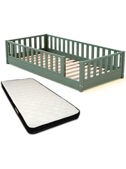 JURABABY - Cama infantil a ras de suelo de madera SONHO con colchón - 90x190 - Verde salvia - Kiabi