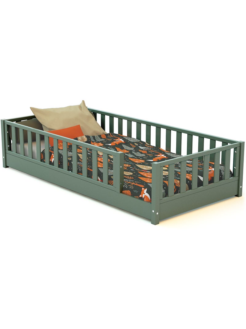 JURABABY - Cama infantil a ras de suelo de madera SONHO con colchón - 90x190 - Verde salvia Verde - Kiabi