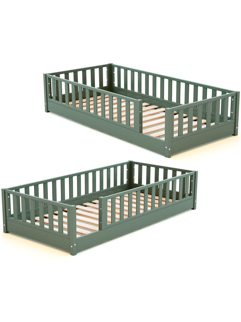 JURABABY - Cama infantil a ras de suelo de madera SONHO con colchón - 90x190 - Verde salvia Verde - Kiabi