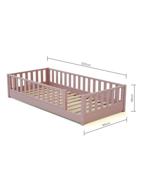 JURABABY - Cama infantil a ras de suelo para niños de madera SONHO - 90x190 - Rosa empolvado - Kiabi