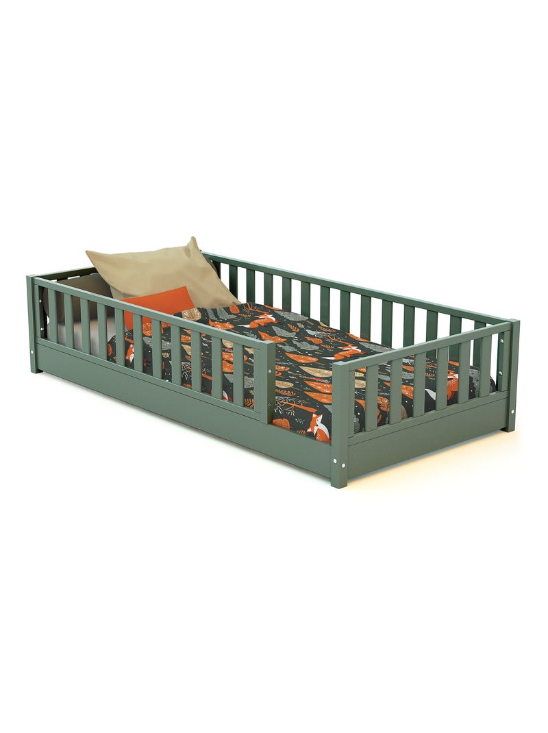 JURABABY - Cama infantil a ras de suelo para niños de madera SONHO - 90x190 - Verde salvia Verde - Kiabi