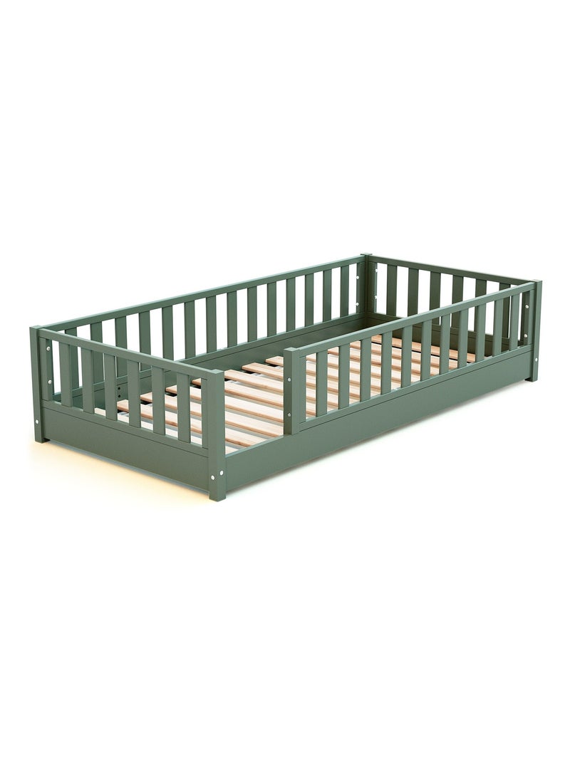 JURABABY - Cama infantil a ras de suelo para niños de madera SONHO - 90x190 - Verde salvia Verde - Kiabi