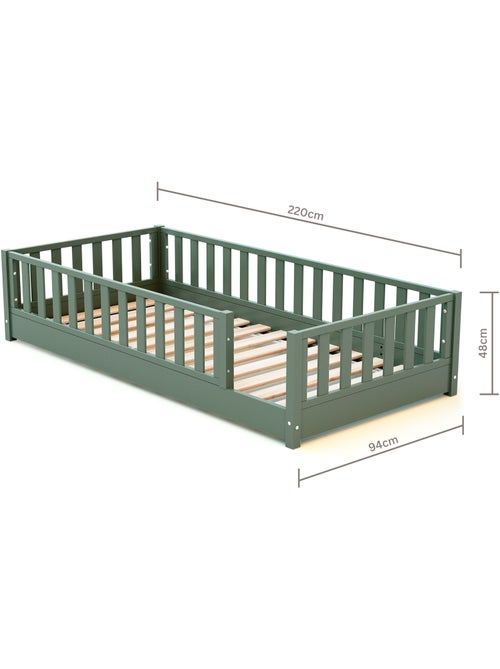 JURABABY - Cama infantil a ras de suelo para niños de madera SONHO - 90x190 - Verde salvia - Kiabi