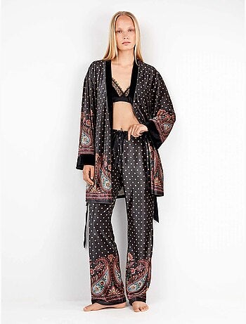 Kimono ajustable cintura de lunares y diseño oriental terciopelo