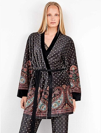 Kimono ajustable cintura de lunares y diseño oriental terciopelo