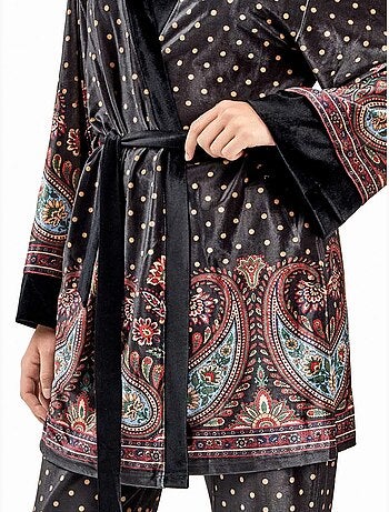 Kimono ajustable cintura de lunares y diseño oriental terciopelo