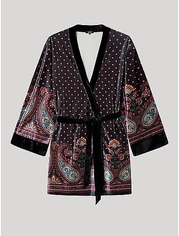 Kimono ajustable cintura de lunares y diseño oriental terciopelo