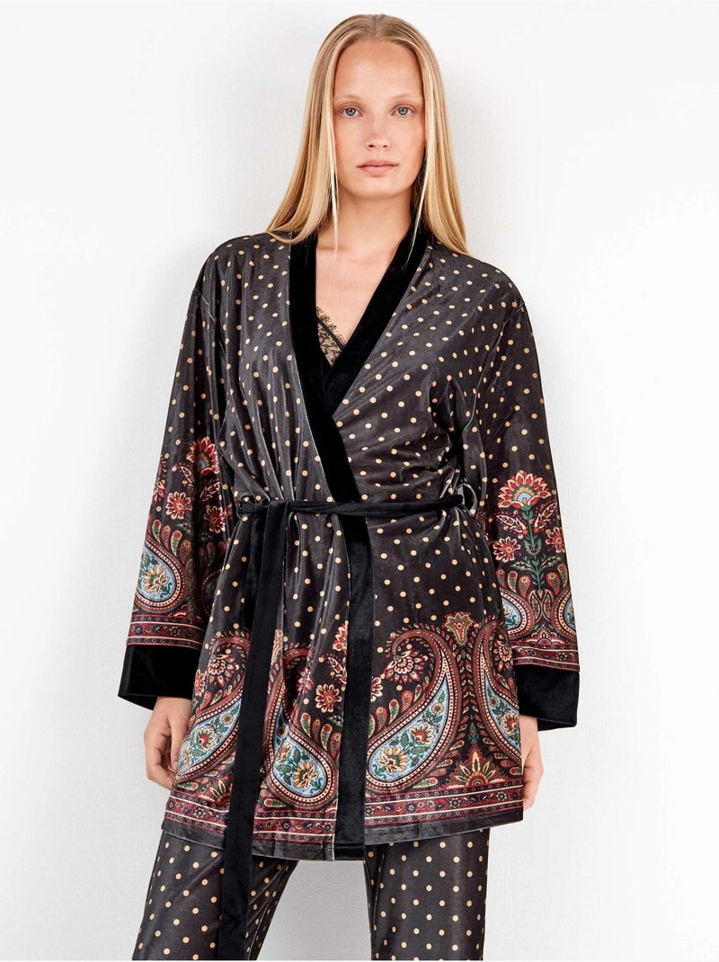 Kimono ajustable cintura de lunares y diseño oriental terciopelo Multicolor - Kiabi