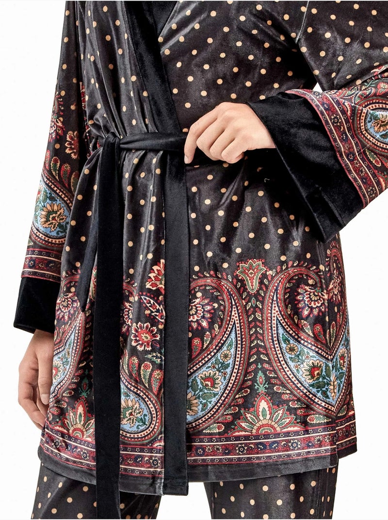 Kimono ajustable cintura de lunares y diseño oriental terciopelo Multicolor - Kiabi