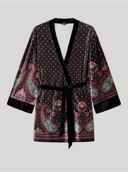 Kimono ajustable cintura de lunares y diseño oriental terciopelo - Kiabi Kimono ajustable cintura de lunares y diseño oriental terciopelo - Kiabi