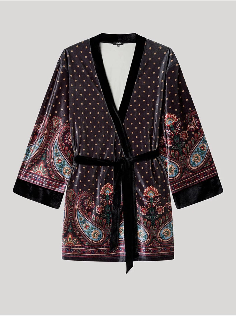 Kimono ajustable cintura de lunares y diseño oriental terciopelo Multicolor - Kiabi