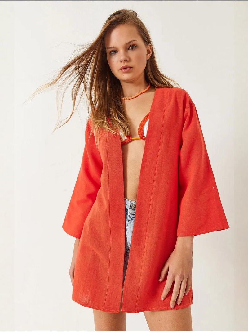 Kimono básico corto texturizado de lino lucci Naranja mandarina - Kiabi