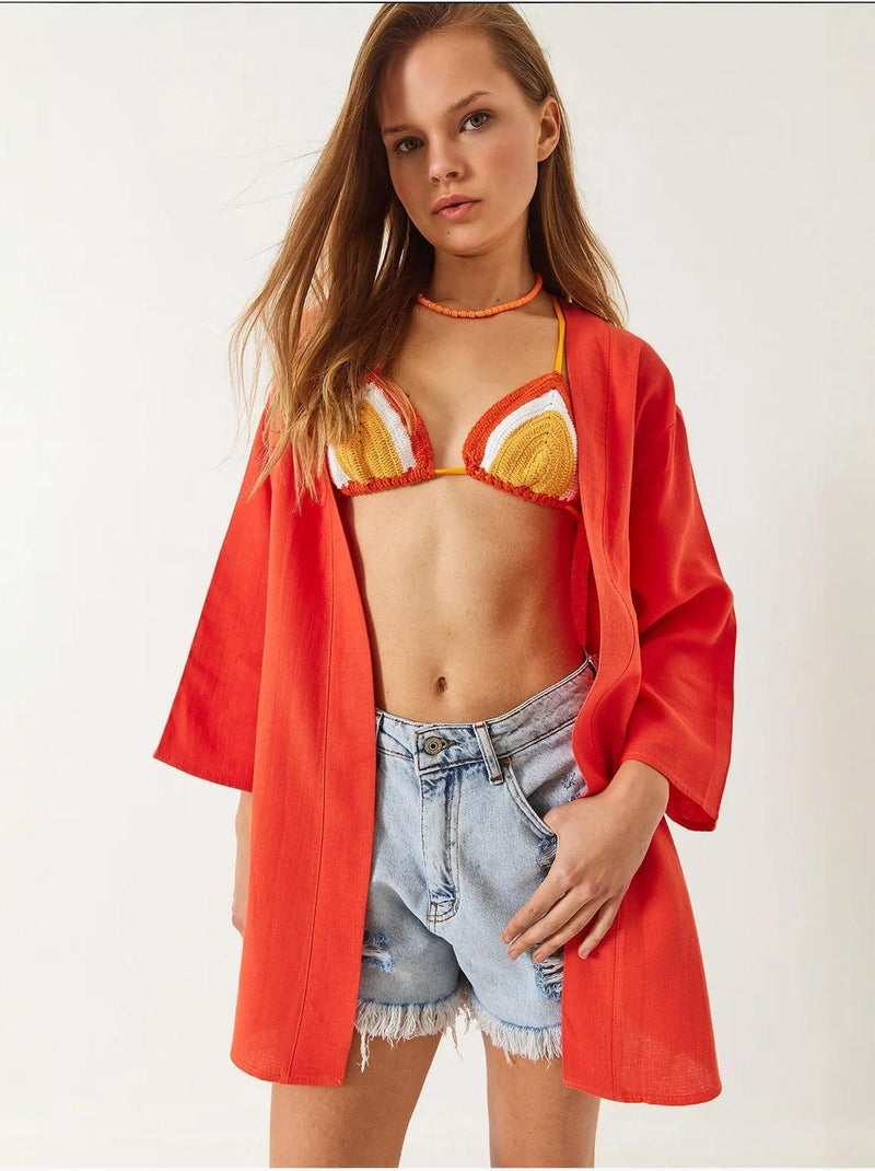 Kimono básico corto texturizado de lino lucci Naranja mandarina - Kiabi