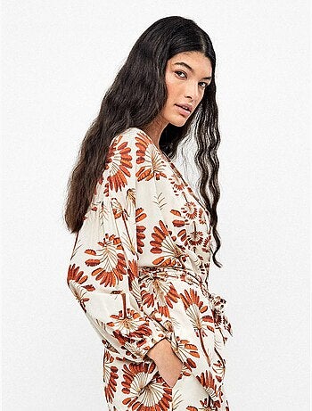Kimono corto estampado de palmeras con ajustable en cintura