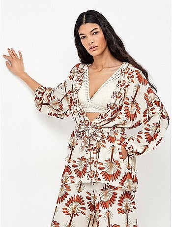 Kimono corto estampado de palmeras con ajustable en cintura