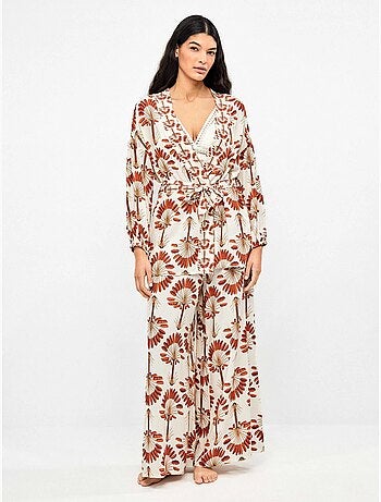 Kimono corto estampado de palmeras con ajustable en cintura