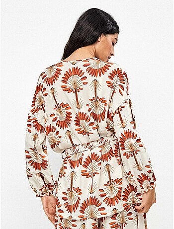 Kimono corto estampado de palmeras con ajustable en cintura