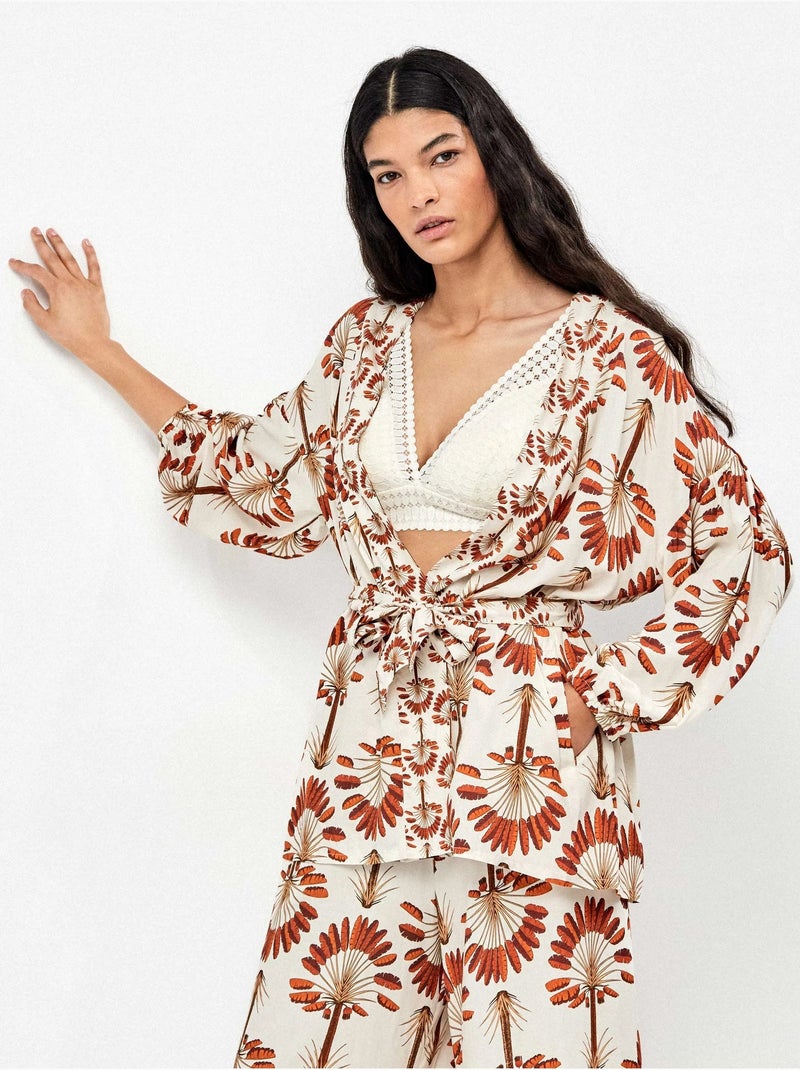 Kimono corto estampado de palmeras con ajustable en cintura Multicolor - Kiabi