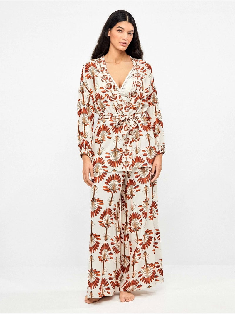 Kimono corto estampado de palmeras con ajustable en cintura Multicolor - Kiabi
