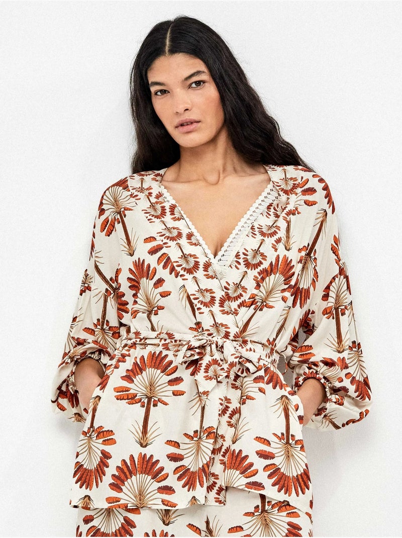 Kimono corto estampado de palmeras con ajustable en cintura Multicolor - Kiabi