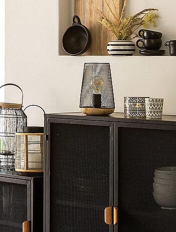 Lámpara de mesa de rejilla y madera