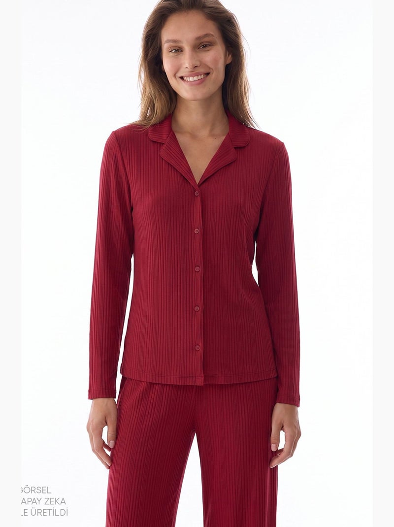 Lana conjunto de pijama de camisa y pantalón de manga larga acanalado penti Rojo burdeos - Kiabi