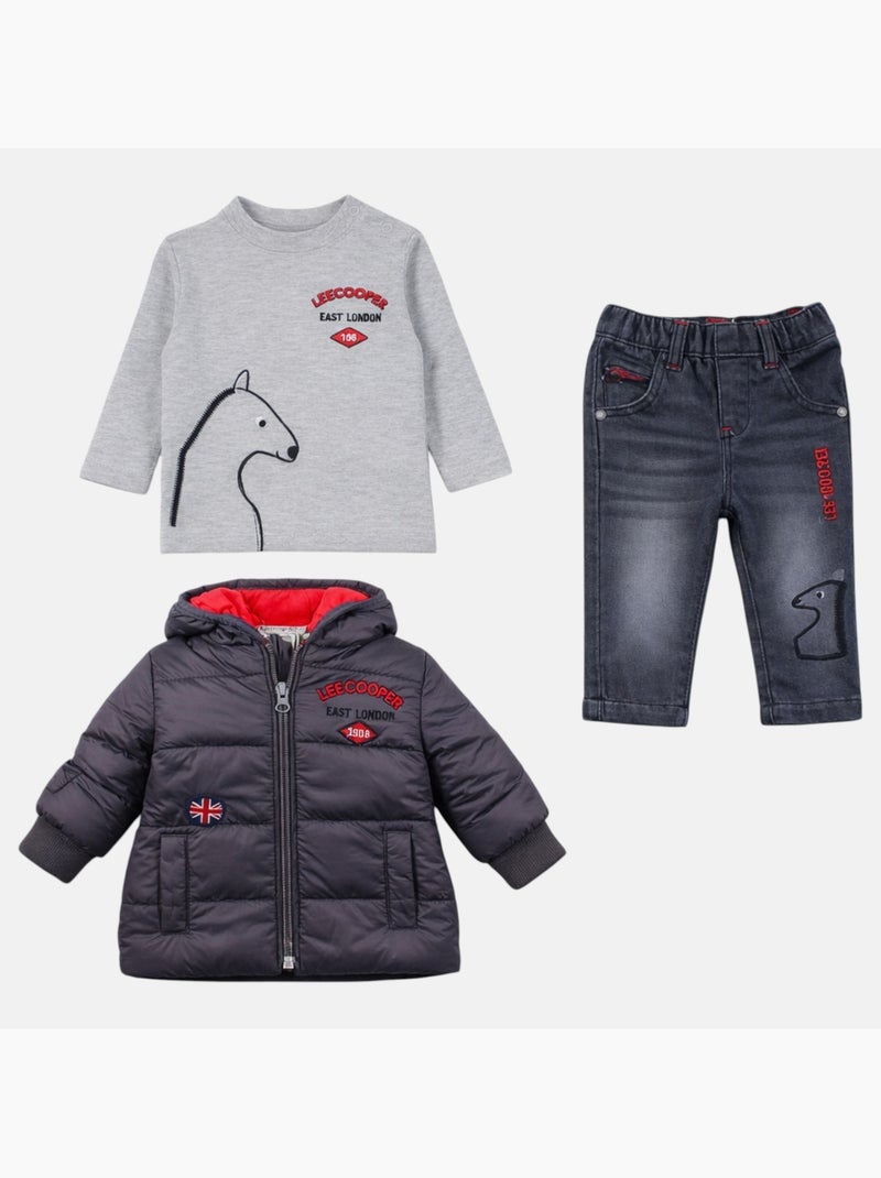 Lee Cooper - Conjunto bebé compuesto por chaqueta acolchada camiseta de manga larga y jeans Gris - Kiabi