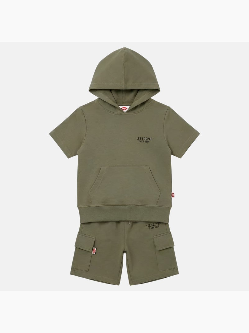Lee Cooper - Conjunto niño camiseta de manga corta con capucha y pantalón corto Caqui - Kiabi