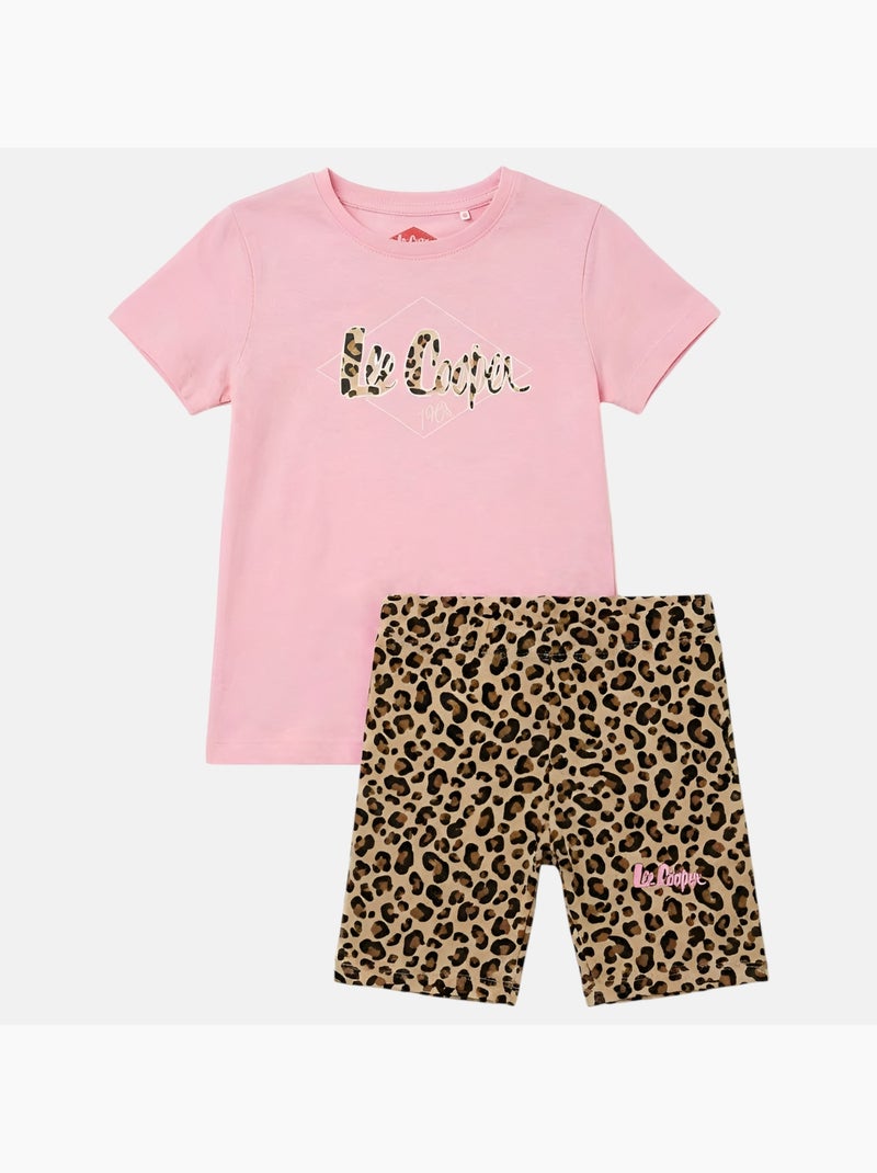 Lee Cooper - Conjunto para niña camiseta de manga corta y short con estampado de leopardo Rosa claro - Kiabi