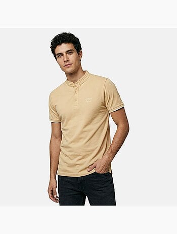 Lee Cooper - Polo hombre beige manga corta cuello mao