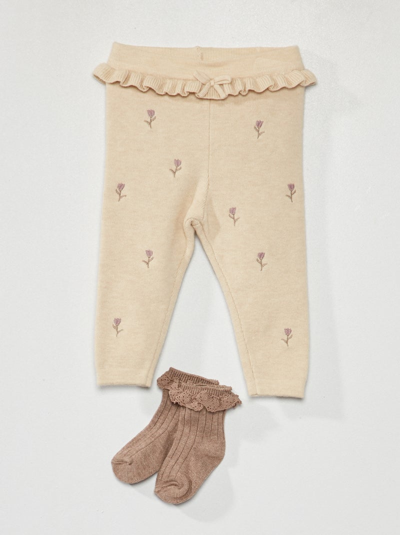 Legging de punto con bordado + calcetines - 2 piezas BEIGE - Kiabi