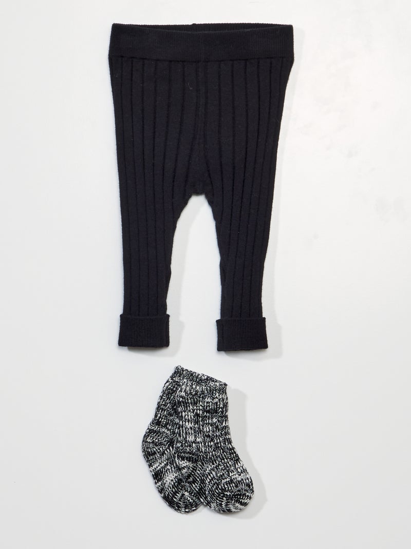 Legging de punto de canalé + calcetines - 2 piezas negro - Kiabi