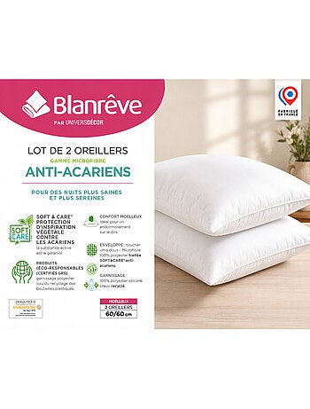 Lote de 2 almohadas douceur 60 x 60 cm – antiácaros soft & care – blanrêve