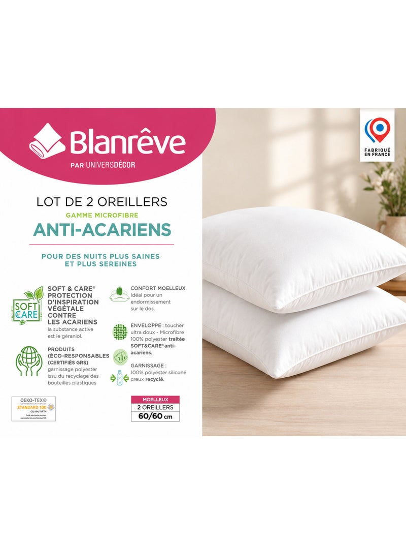 Lote de 2 almohadas douceur 60 x 60 cm – antiácaros soft & care – blanrêve Blanco - Kiabi