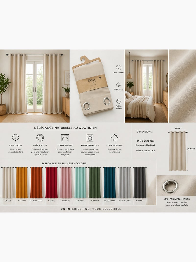 Lote de 2 cortinas 100% algodón prelavado – kala Beige - Kiabi
